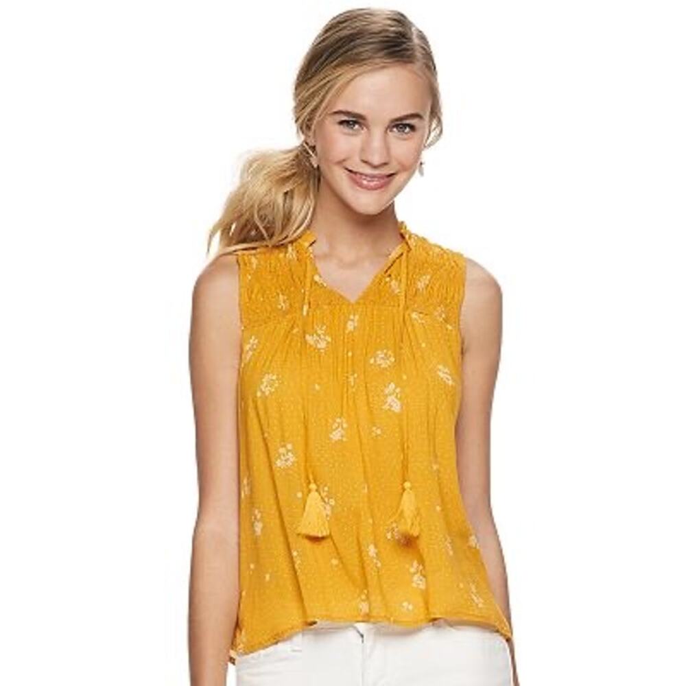 Rewind - Juniors Smocked Yoke Tassel Tank Top - Size Medium Shirt